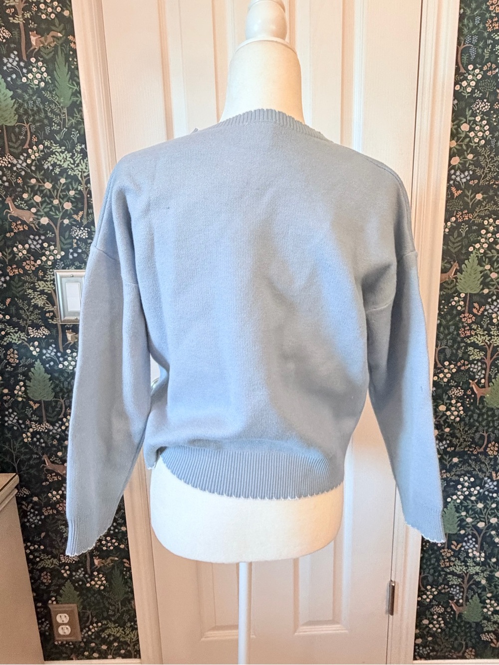 Women's Light Blue Crewneck Sweater with White Bow Detail - Picture 3 of 5